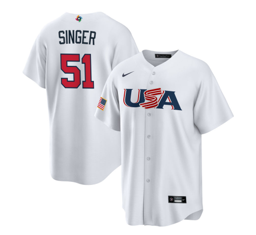 Men's USA Baseball #51 Brady Singer 2023 White World Baseball Classic Stitched Jersey